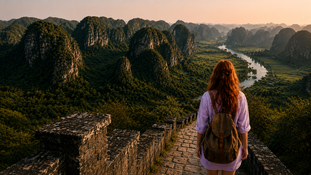 Traveller overlooking a Vietnamese karst landscape and river