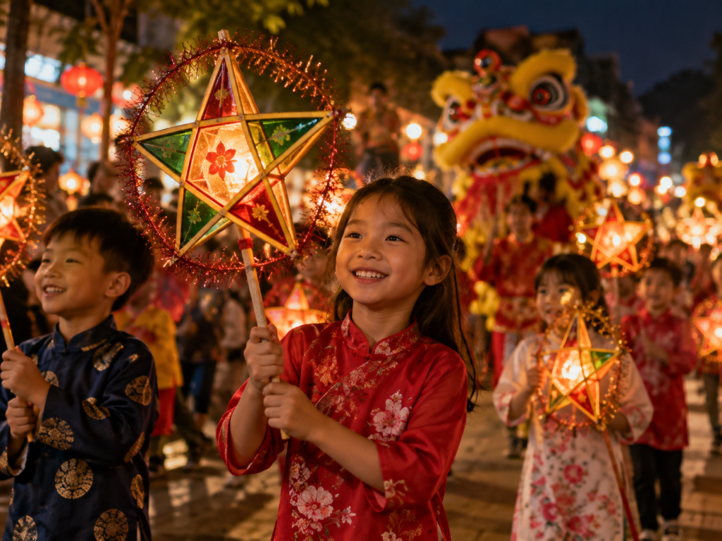 Vietnamese children carrying star-shaped lanterns in the Mid-Autumn festival